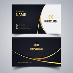 a black and gold business card with an elegant design on the front, side and back