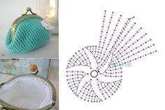 crocheted purses are being displayed in three different pictures, one with a circular handle and the other with an intricate design