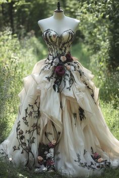 Victorian Floral Dress, Line Composition Design, Champagne Wedding Dresses, Goth Wedding Dresses, A Line Bridal Gowns, Fairy Tale Wedding Dress, Wedding Dress Champagne, Dark Wedding, Fairy Wedding