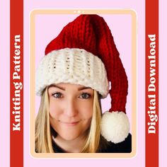 a woman wearing a red and white knitted santa hat