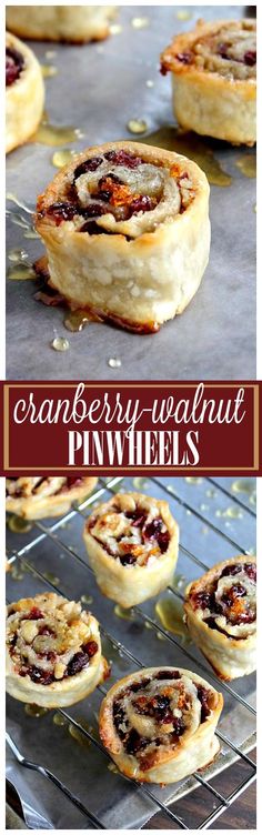 cranberry walnut pinwheels on a baking rack with text overlay that reads, cranberry walnut pinwheels