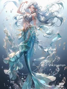 a beautiful mermaid with long hair and blue dress floating in the water, surrounded by bubbles