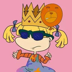 a drawing of a girl with sunglasses and a crown on her head, holding a balloon