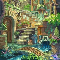 an image of a cartoon house with flowers and plants on the steps to the entrance