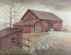 a painting of a barn with chickens in the yard