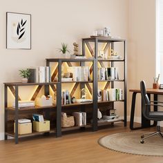 a room with a desk, chair and bookcase in it's center area