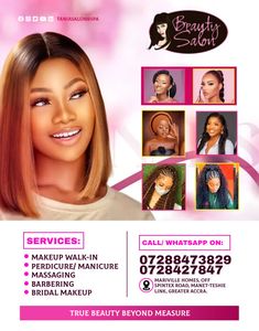 a flyer for a beauty salon with an image of a woman's face and the words beauty salon on it