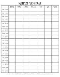 a printable weekly schedule for the week with times and hours to go on it