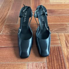 Vintage Prada Sling Backs ( Never Worn ) Made In Italy Size 38 Heels - New Without Box Black Leather Sling Backs From The 90’s Authentic Prada Vintage Prada Shoes, 90s Heels, Dramatic Romantic, 90s Shoes, Prada Heels, 2024 Wishlist, Vintage Prada, Vintage Heels, Shoe Inspo