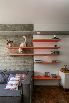 a living room filled with furniture and bookshelves on top of wooden shelves next to a gray couch