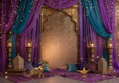 Golden Palace Arabian Purple Backdrop - Gatsby Backdrop Arabian Night Decor Themed Weddings, Punjabi Theme Party Decor, Arabian Night Decoration, Purple And Gold Decor, Aladdin Party Decorations, Arabian Curtain, Arabian Nights Decor, Arabic Decoration Arabian Decor, Indian Backdrop Ideas