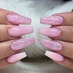 Pink Nails Glitter Design, Nails Acrylic Glitter Ombre, Pink Nails With Pink Glitter, Pink Ombre Nails With Glitter, Nails Spring Pink