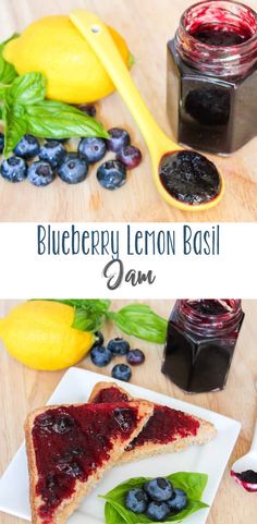 blueberry lemon basil jam on a white plate next to sliced bread and fresh blueberries