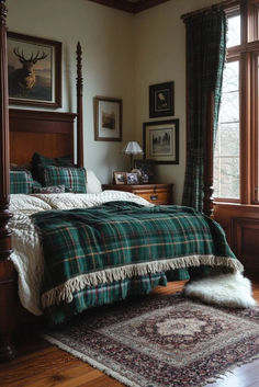 Highland Cozy Corner features tartan patterns and deep green and blue hues for a touch of Scottish flair. Antiques and classic wooden furniture bring elegance and warmth, making it a perfect cozy cabin bedroom. Click here for highland-inspired decorating ideas. Cottage Cabin Bedroom, Tartan Bedroom Ideas, Outlander Inspired Home Decor, Coorie Scottish, Coorie Scottish Interior, Ski Themed Bedroom, Scottish Interior Design, Cottage Aesthetic Interior, Scottish Cottage Interior