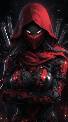 a person in a red hoodie holding two swords and wearing a mask with eyes