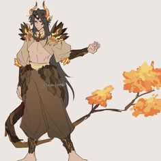 an anime character standing next to a tree with yellow leaves on it's branches