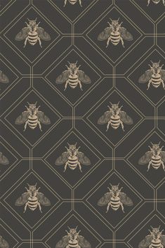 a pattern with bees and honeycombs on a black background, in shades of brown