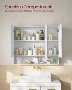 an advertisement for spacious compartments is shown above a bathroom sink