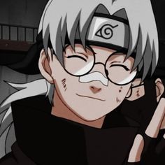 an anime character with white hair and glasses pointing to the side while looking at something