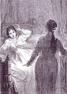 an old drawing of a woman in bed with a man standing next to her looking at him