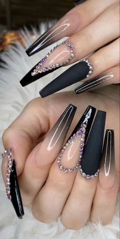 Ongles Bling Bling, Black Acrylic Nails, Silver Nail, Colorful Nails, Simple Acrylic Nails, Long Acrylic Nails Coffin, Long Square Acrylic Nails