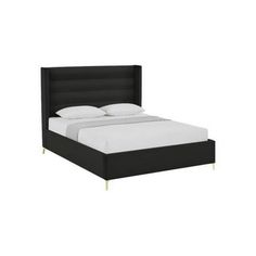 a black bed with white sheets and pillows on top of the headboard, in front of a white background