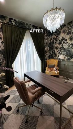 the before and after photo shows an office with a desk, chair, chandelier and curtains