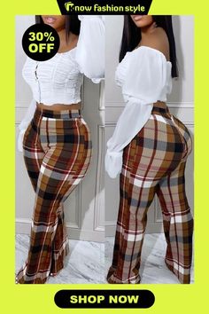 Brown Casual Plaid Print Patchwork Regular High Waist Trousers Chic Wide Leg Patchwork Bottoms, Chic Patchwork Bottoms For Summer, Chic Summer Patchwork Bottoms, Fitted White Bottoms With Patchwork Details, High Waist Patchwork Pants For Fall, Chic Patchwork Bottoms For Spring, Chic Spring Patchwork Bottoms, Trendy Non-stretch Plaid Bottoms, Fall Plaid Patchwork Bottoms