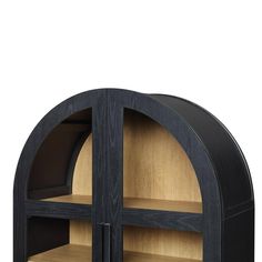 an open bookcase with wooden shelves in it