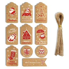 christmas gift tags with tassels on white background