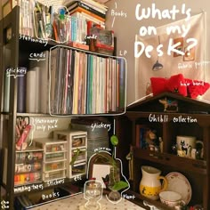 a room with many books, cds and other items on the shelves that are labeled