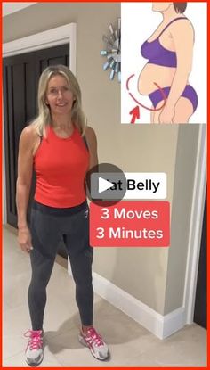 a woman standing in front of a mirror with the words belly 3 moves 3 minutes