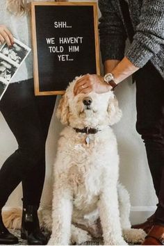 two people standing next to a dog holding a sign