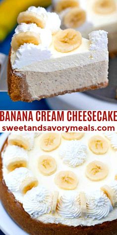 a banana cream cheesecake with whipped cream and sliced bananas