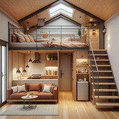 a loft bed is in the middle of a living room with stairs leading up to it