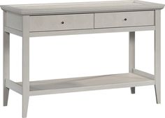 a white console table with two drawers