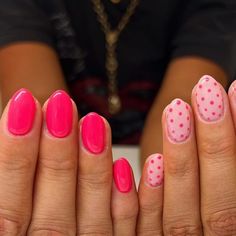 Shirt Cute Nail Ideas, Hot Pink Polka Dot Nails, Short Pattern Nails, Pink Nails Polka Dots, Nail Designs For Super Short Nails, Pink Patterned Nails, Simple Nail Designs Beginner, Short Easy Nail Art, Pink Polka Dot Nail Designs