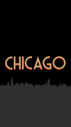 the chicago skyline is silhouetted against a black background with red and yellow lettering on it