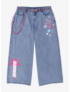 Cluster Of Stars, Jeans With Belt, Pink Chain, Y2k Star, Belt Chain, Funky Outfits, Retro Font, Star Jeans, Kawaii Clothes