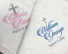 two white towels with the names and date printed on them