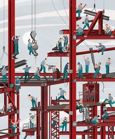 an illustration of workers on top of red structures