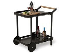 a black serving cart with drinks on it