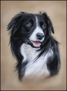 a painting of a black and white dog