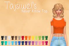 a woman with short blonde hair standing in front of a colorful background and text that says tolswel's never know top