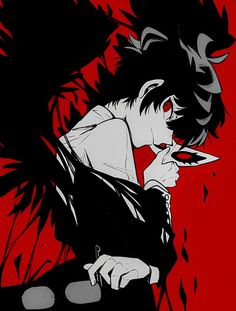 an anime character with black hair and red eyes holding a knife in his hand while looking at the camera