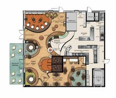 the floor plan for a restaurant with tables and chairs, seating areas, and an open kitchen