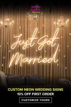 Image shows neon sign that says just got married on a drapery backdrop.  custom neon wedding signs.  10% off first order.  Customize yours at Neon Signs now. Wedding Sign Last Name, Wedding Show Booth, Mr And Mrs Sign, Backdrop For Photos, Signs For Wedding, Taylor Wedding, Custom Neon Lights, Wedding 2025, Wedding Neon Sign