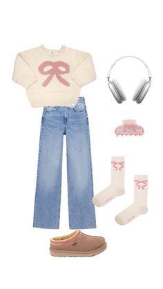 Bow Sweater Outfit, Silver Airpods, Sports Wallpaper, Bow Socks, Wide Leg Denim Jeans, Cold Weather Outfit, Airpods Max, Bow Sweater