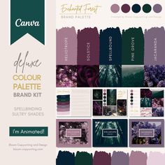 the color palette is shown in shades of purple and green