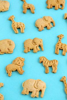 several cookies shaped like elephants and giraffes on a blue surface